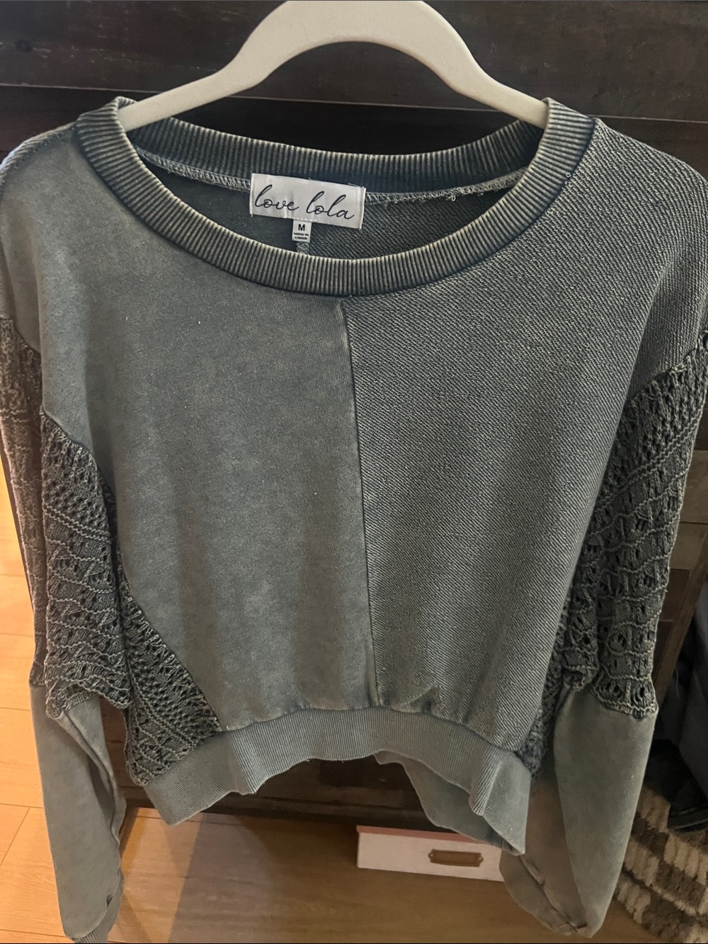 Love Lola Washed Sage Green Crochet-Sleeve Crewneck Sweater